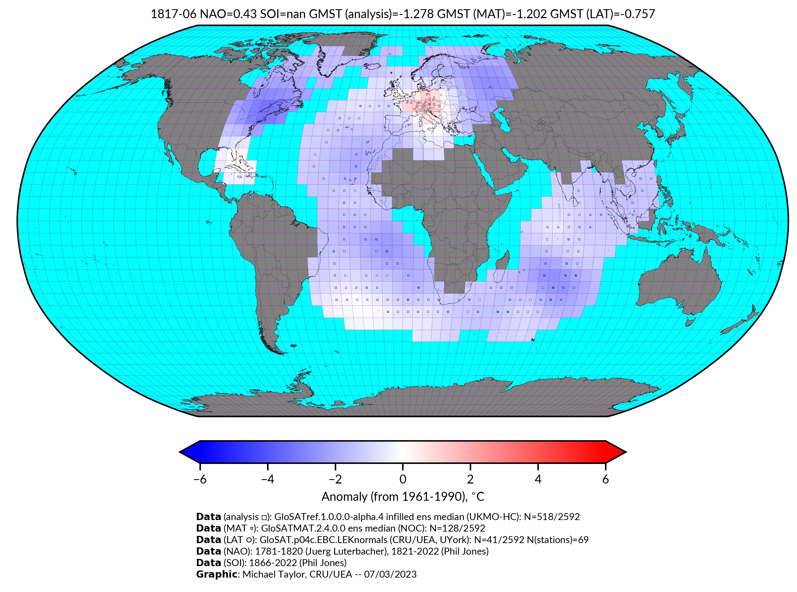 GloSAT temperature anomalies for Jun 1817