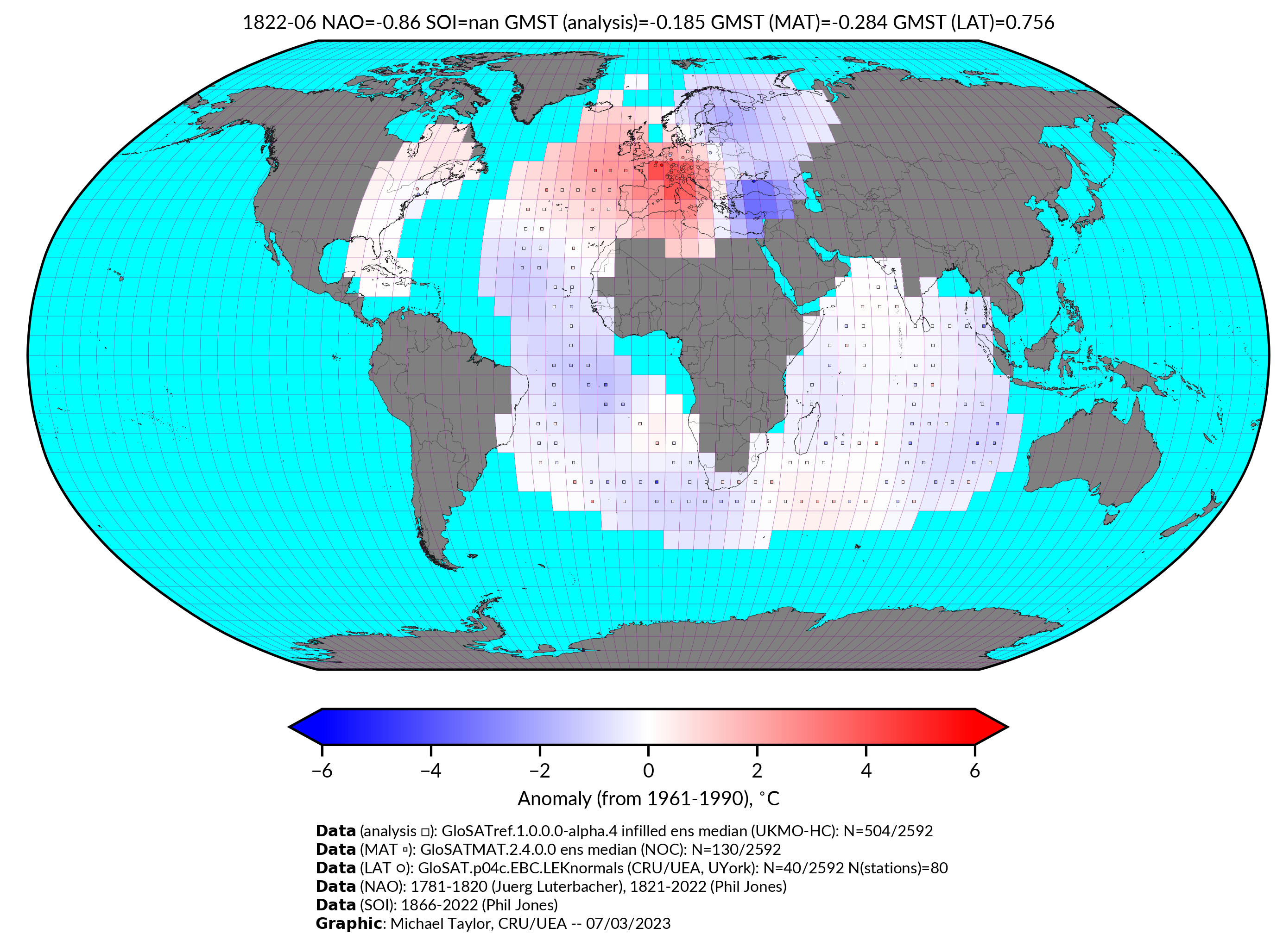 GloSAT temperature anomalies for Jun 1822