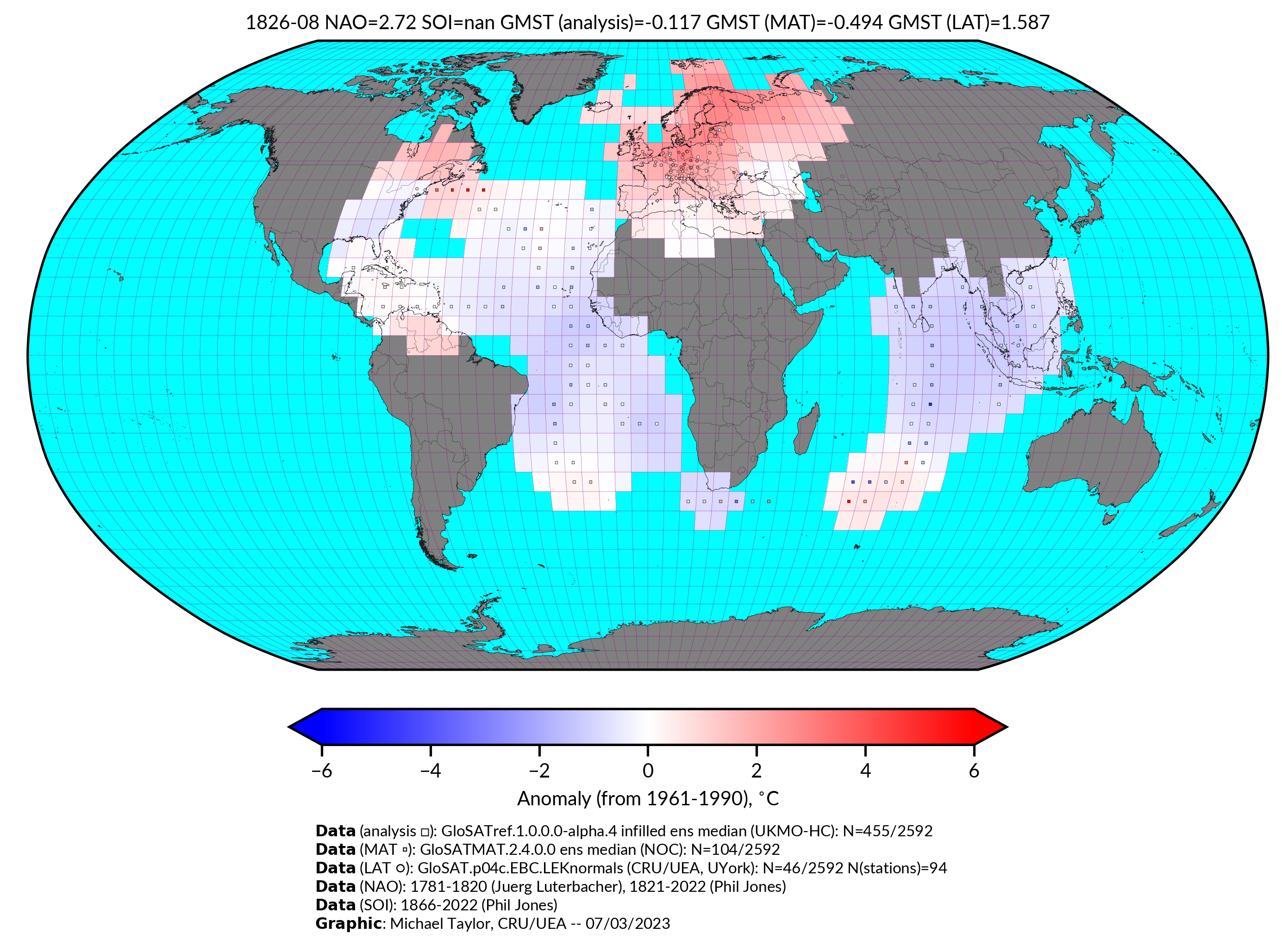 GloSAT temperature anomalies for Aug 1826
