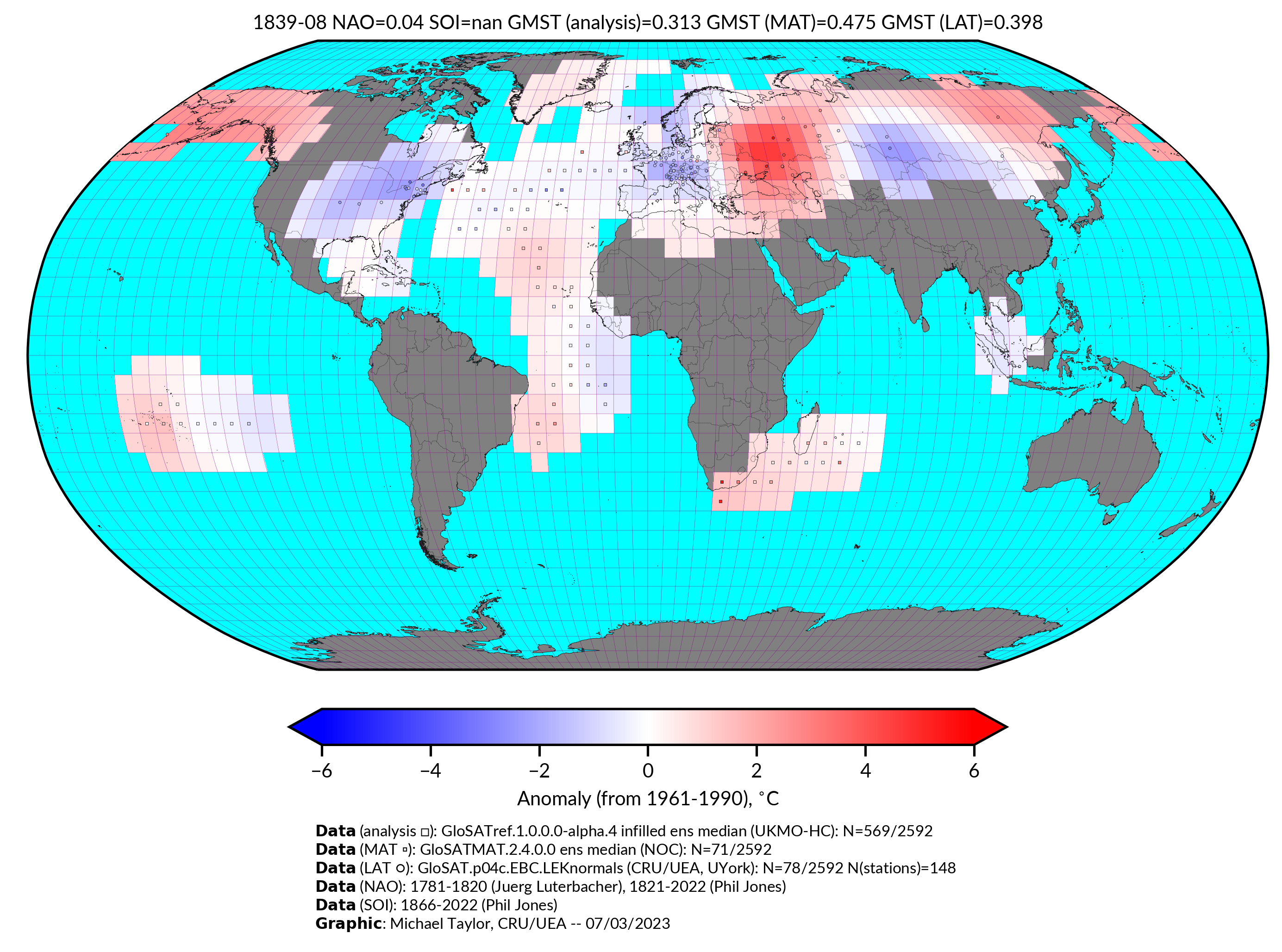 GloSAT temperature anomalies for Aug 1839