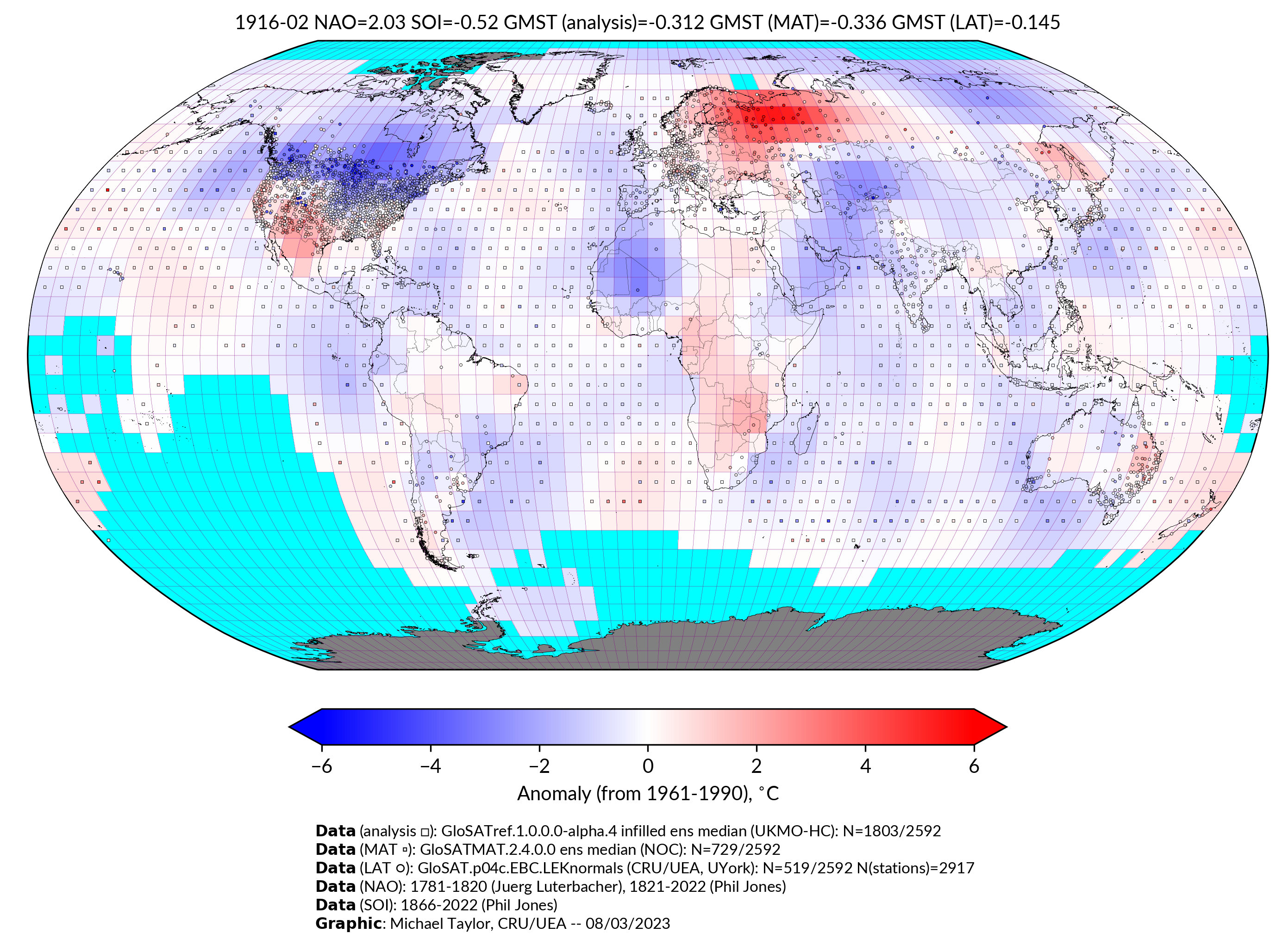 GloSAT temperature anomalies for Feb 1916