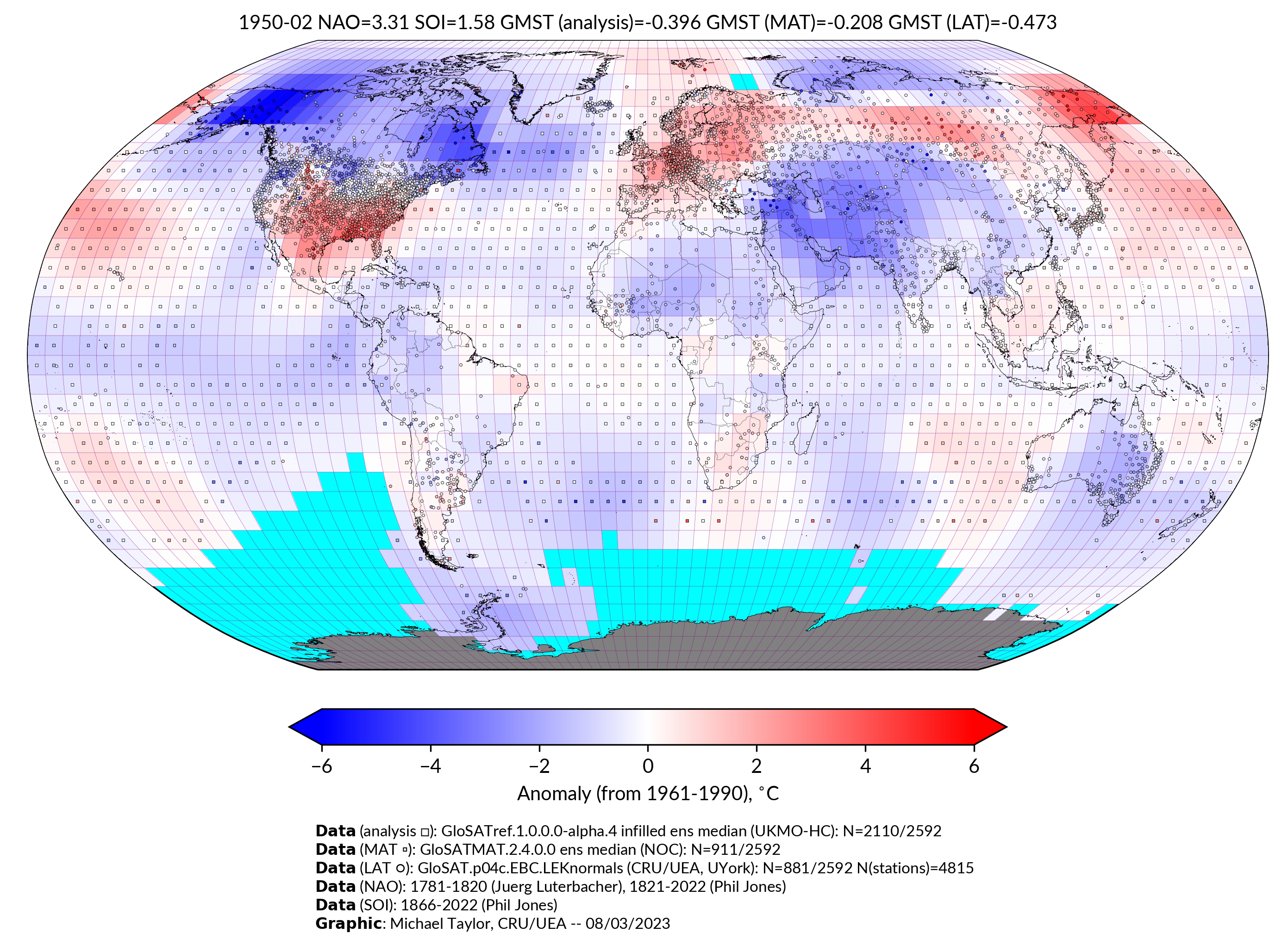 GloSAT temperature anomalies for Feb 1950