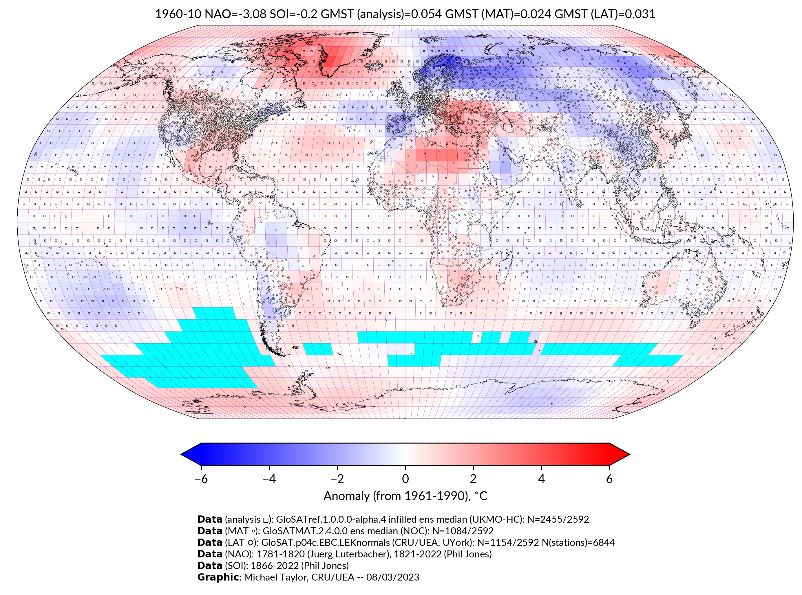 GloSAT temperature anomalies for Oct 1960