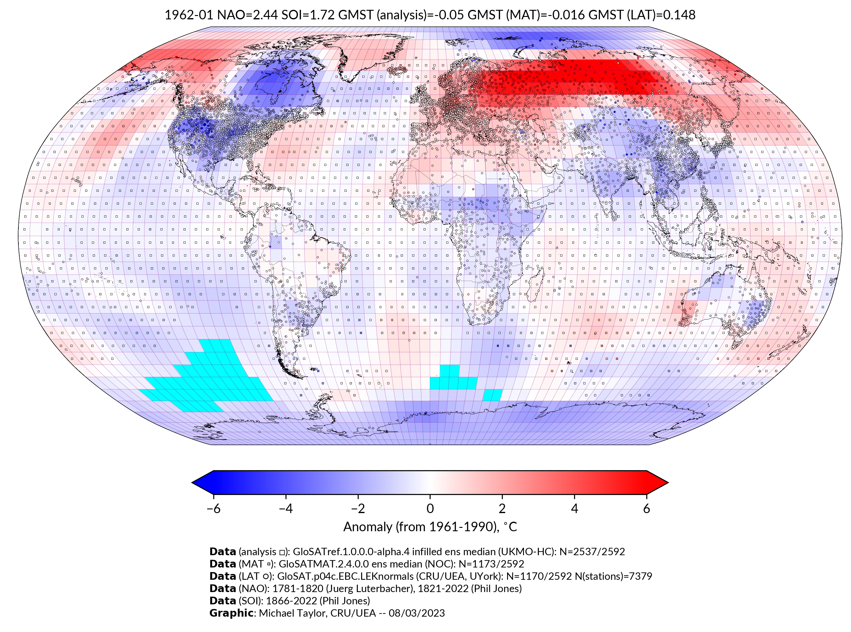 GloSAT temperature anomalies for Jan 1962