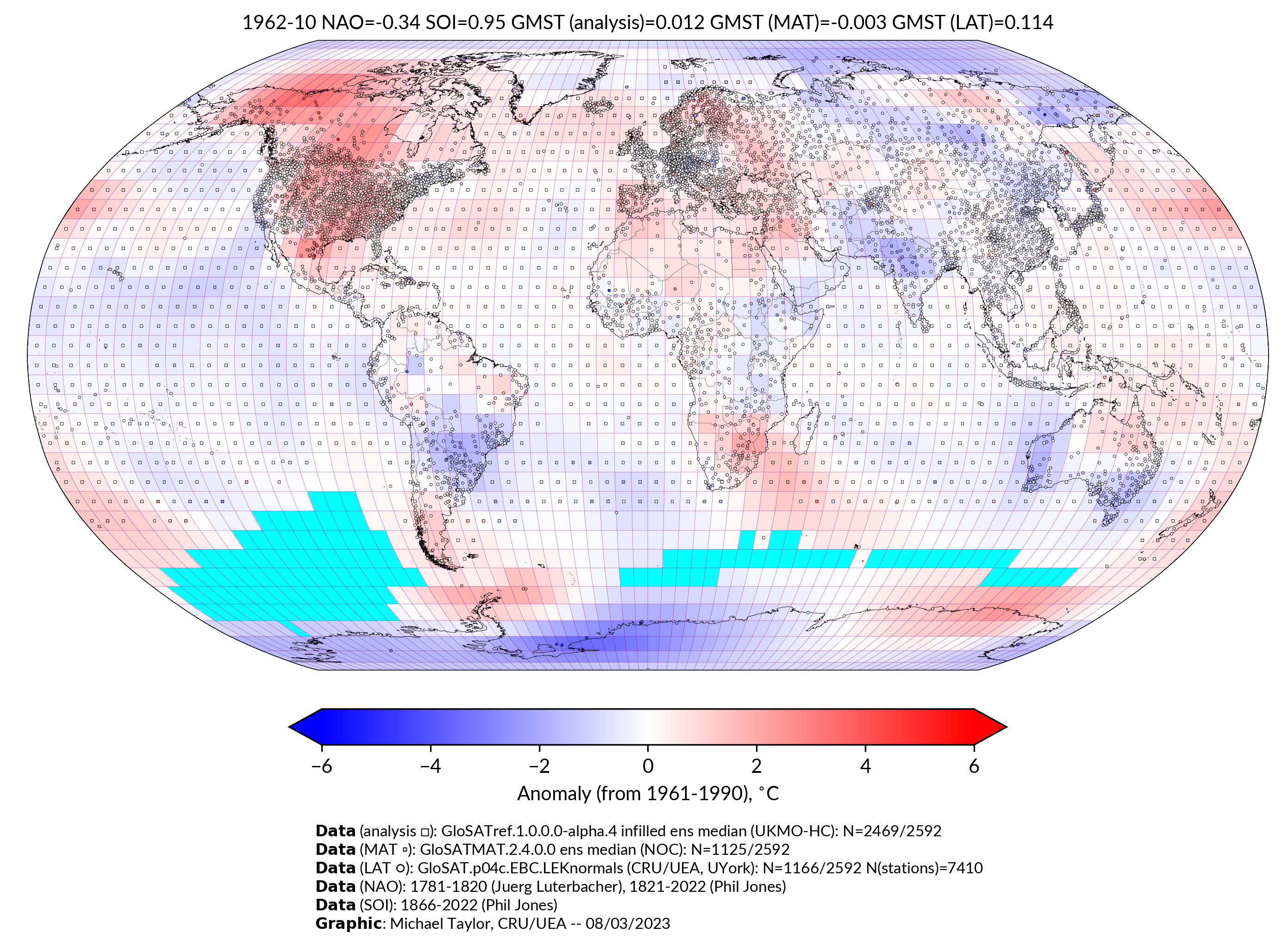 GloSAT temperature anomalies for Oct 1962