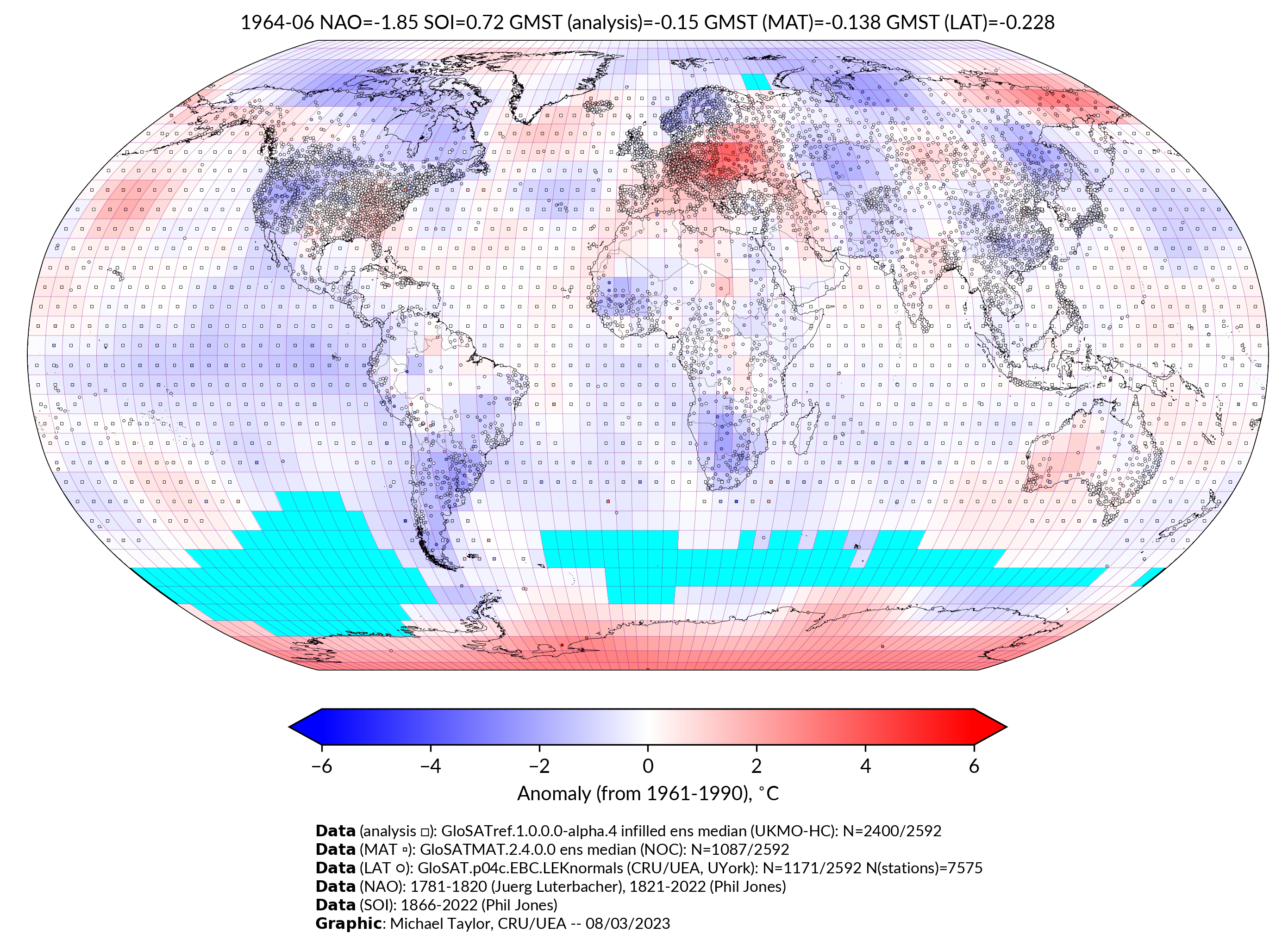 GloSAT temperature anomalies for Jun 1964