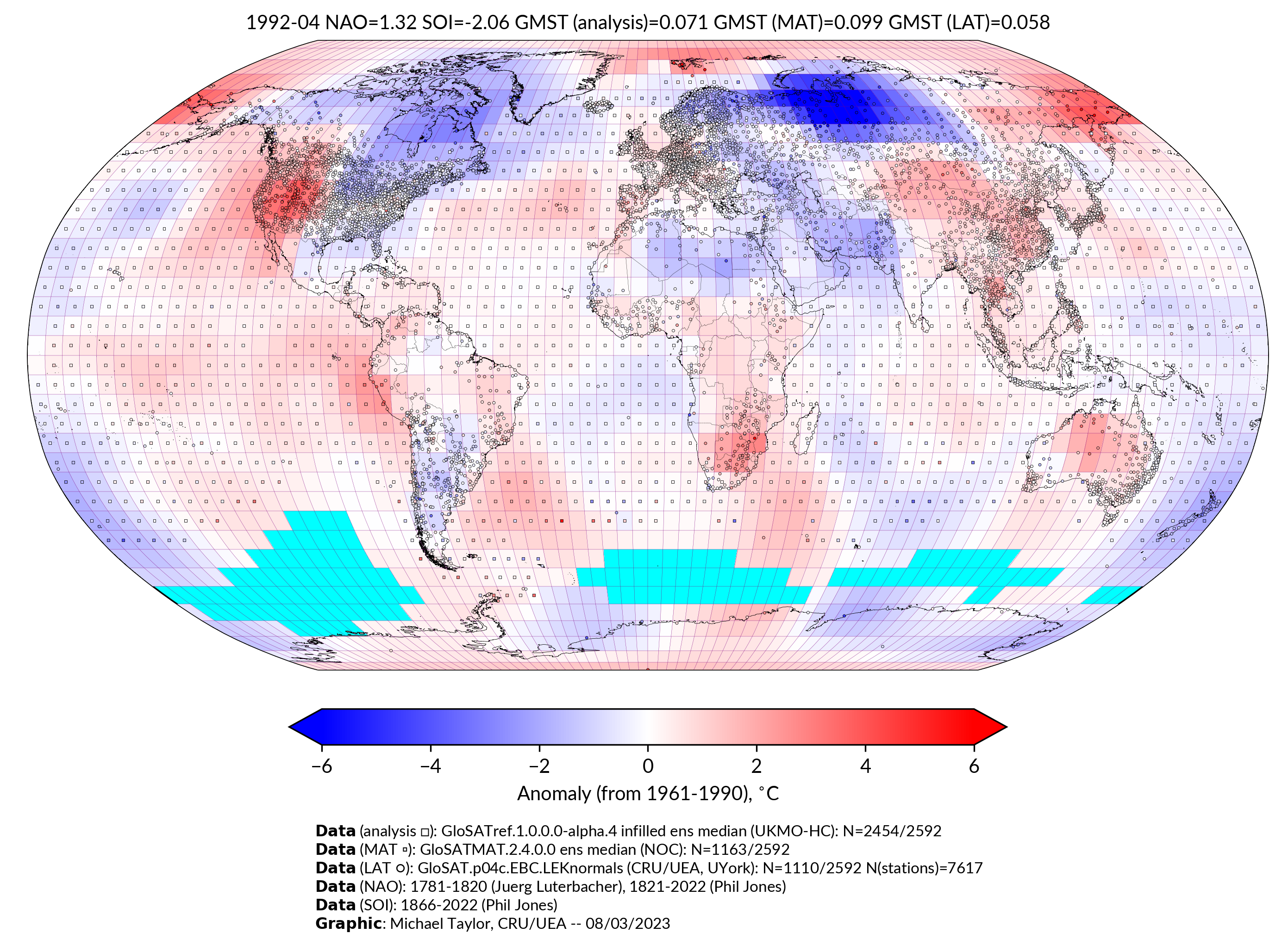GloSAT temperature anomalies for Apr 1992