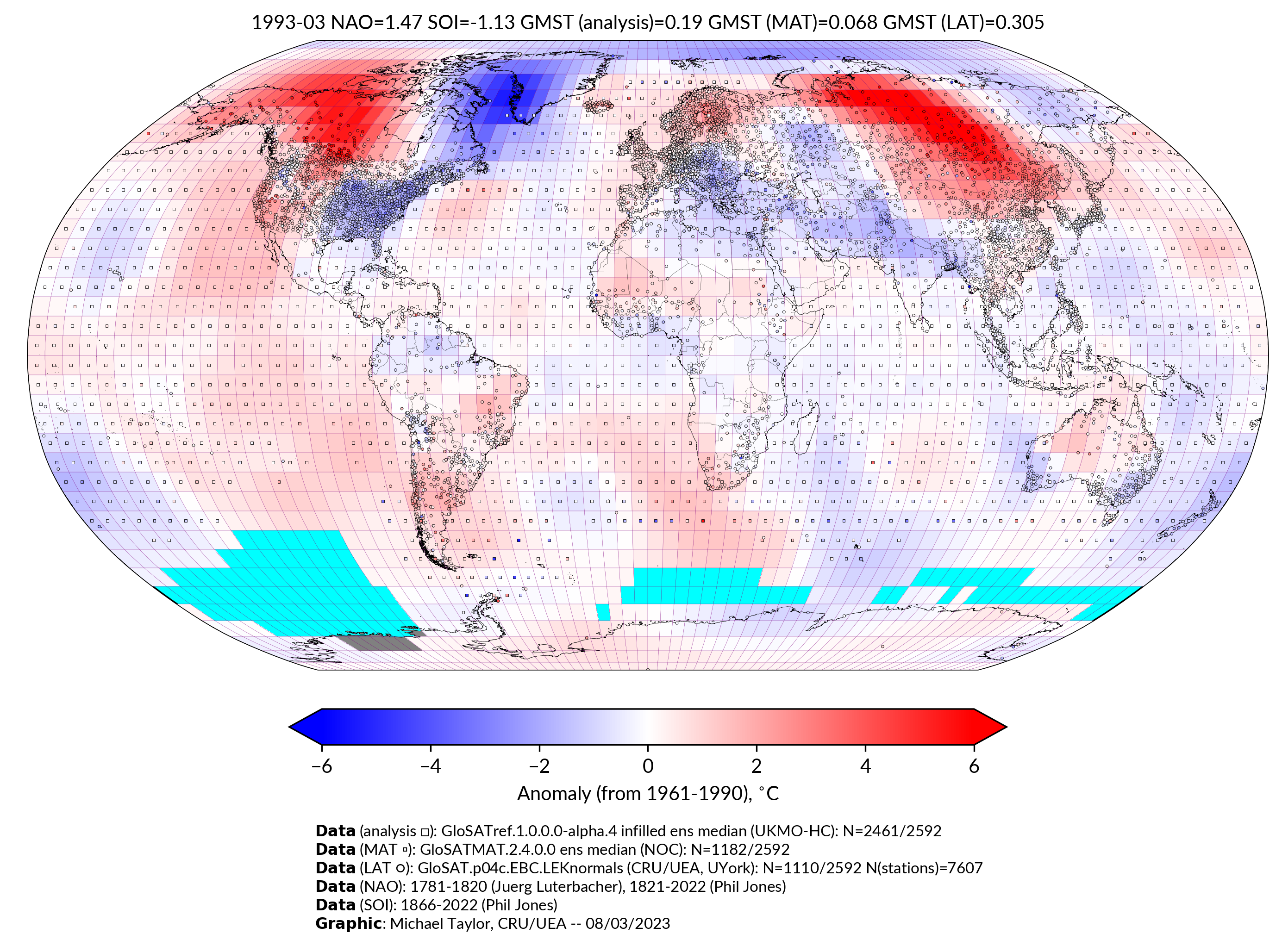 GloSAT temperature anomalies for Mar 1993