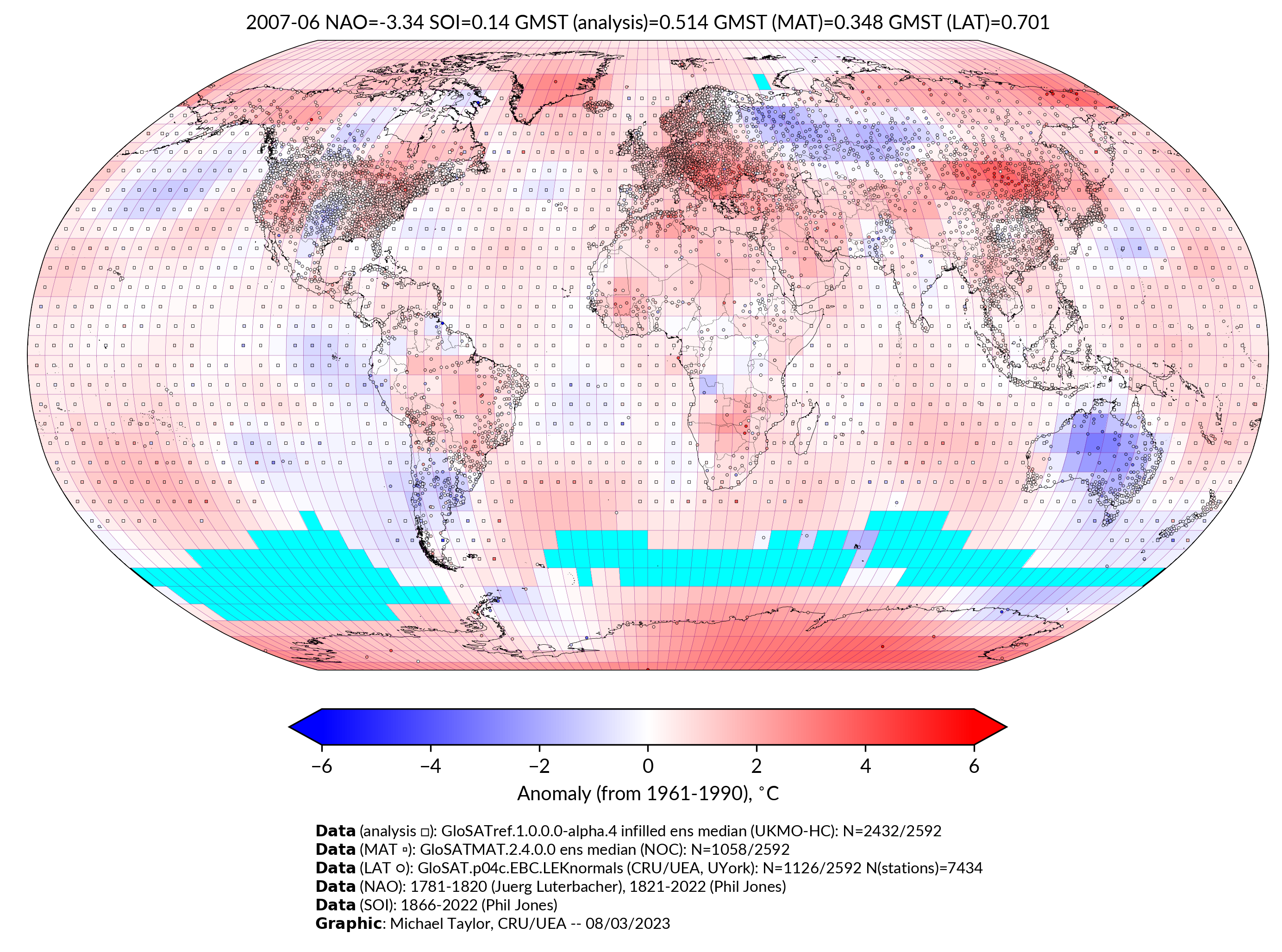 GloSAT temperature anomalies for Jun 2007
