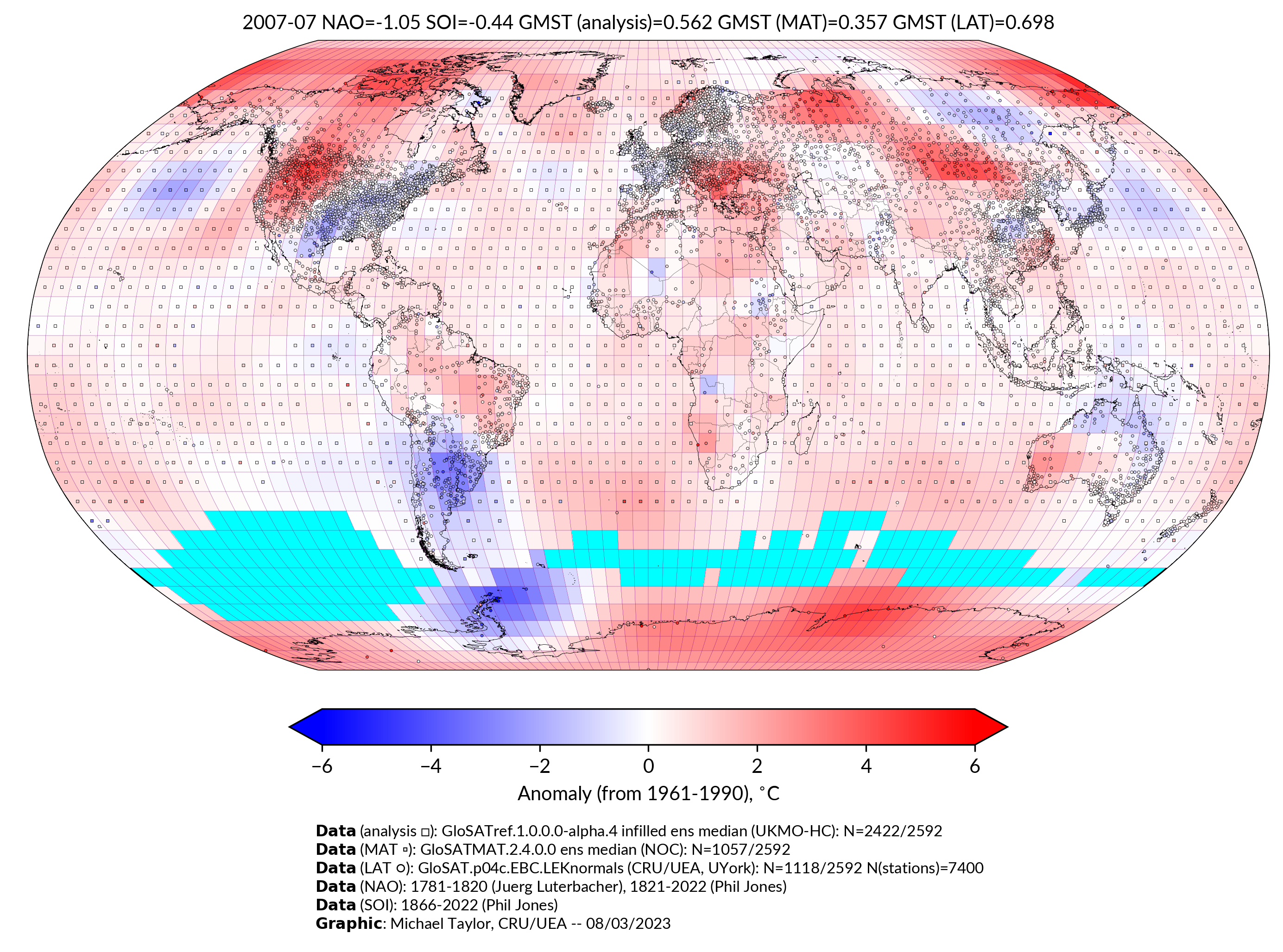 GloSAT temperature anomalies for Jul 2007