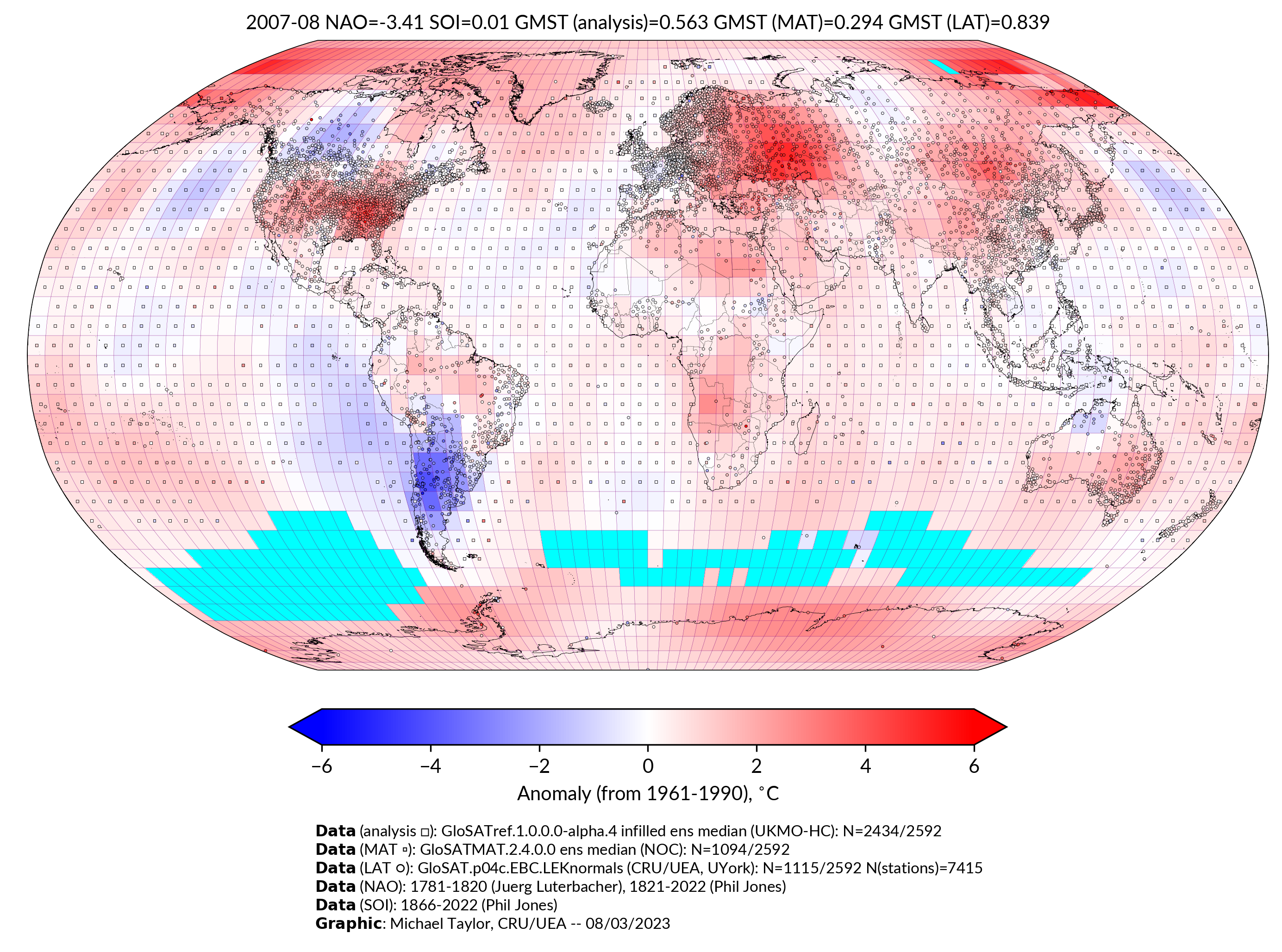 GloSAT temperature anomalies for Aug 2007