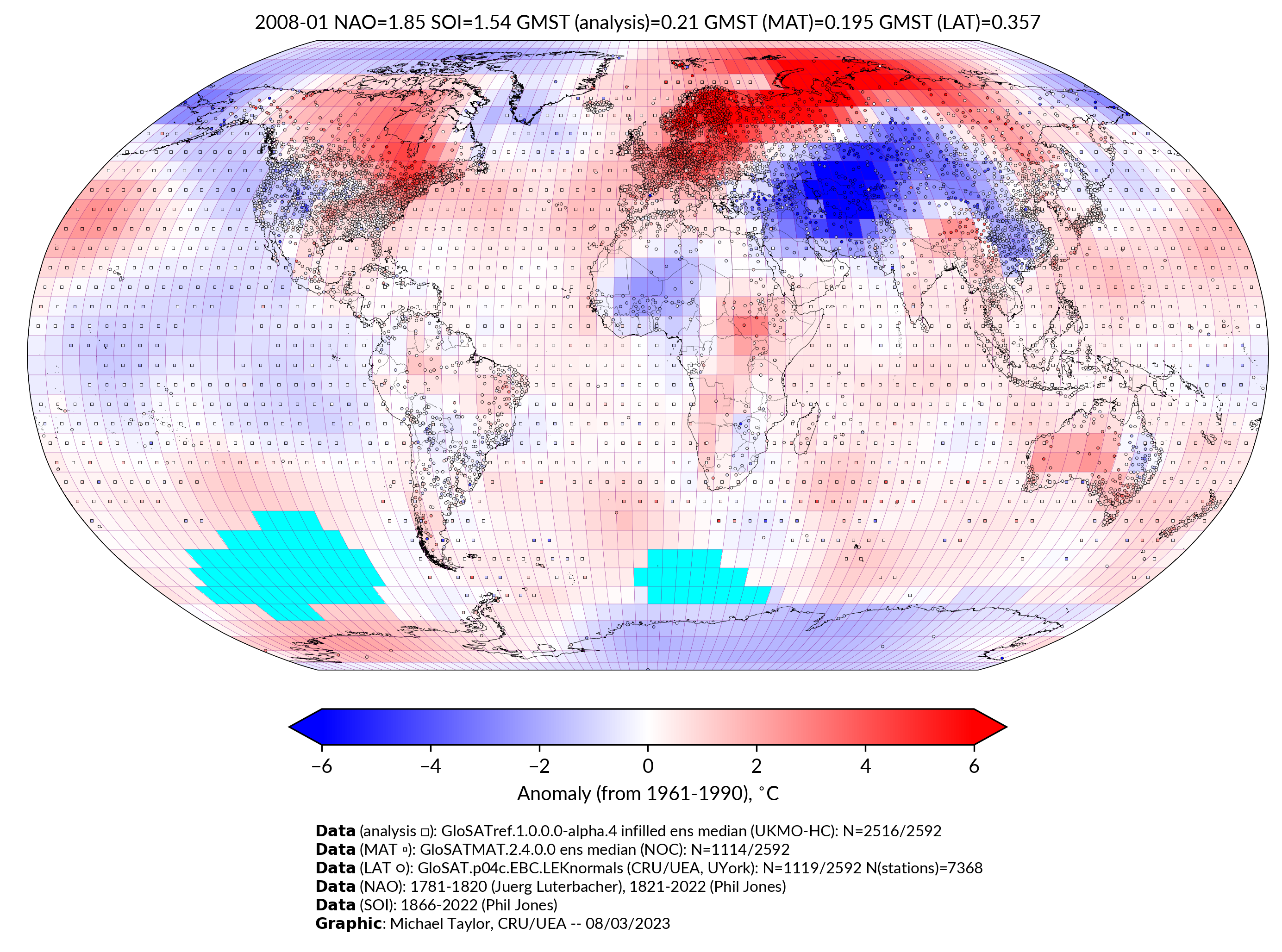 GloSAT temperature anomalies for Jan 2008