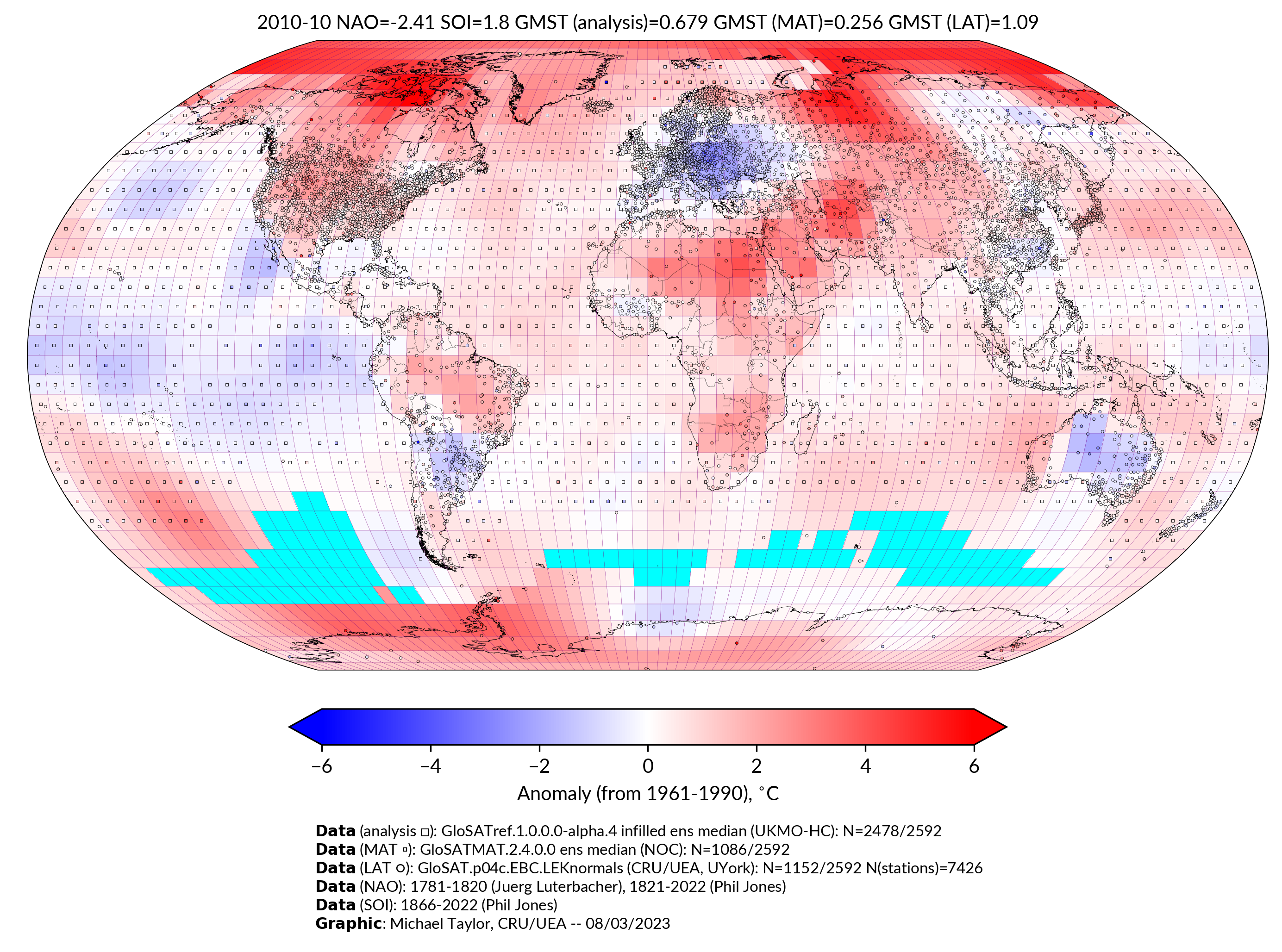 GloSAT temperature anomalies for Oct 2010